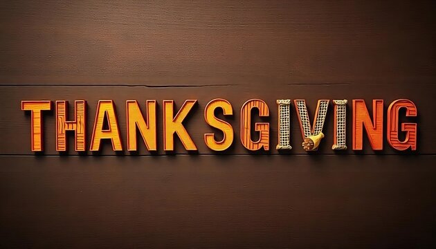 A dark brown background with the text HAPPY THANKSGIVING in large orange letters, Happy Thanksgiving greeting card, a visually interesting design, banner poster, created with generative ai