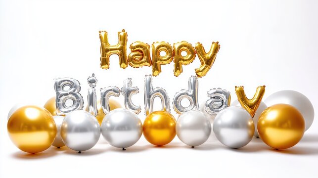 A photo of large white balloon letters spelling Happy birthday