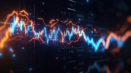 Aufkleber - Animated market volatility graph shows financial flux with lightning speedlight effects. Dynamic chart fluctuating stock prices. Trendy tech illustration for financial news site business magazine.