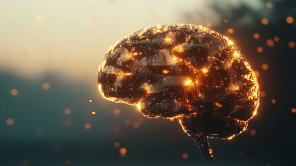 Poster - Illuminated brain concept showing neural connections and synapses at sunset