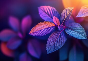 Poster - Vibrant and Colorful Leaves on Dark Background with Artistic Lighting in Colors of Blue, Purple, and Orange Creating a Dreamy and Ethereal Atmosphere