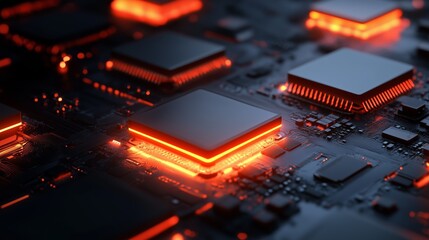 Poster - close-up view of glowing microchips on a circuit board showcasing advanced technology and intricate 
