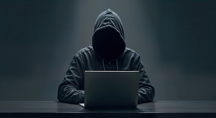 Aufkleber - Anonymous hacker sits at dark table working on laptop. Cybercrime, cybersecurity concept illustrated. Dark background technology focus. Digital crime simulation. Male character in dark hoodie.