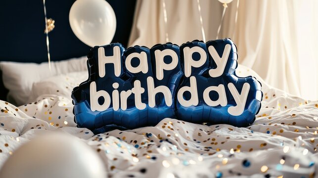A photo of large white balloon letters spelling Happy birthday