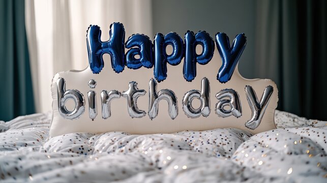 A photo of large white balloon letters spelling Happy birthday