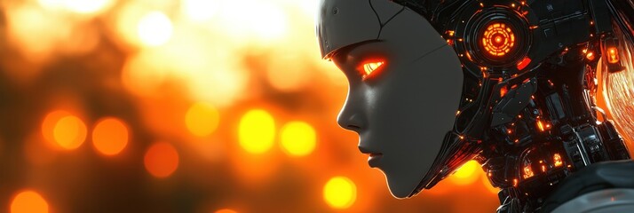 Poster - Retro futuristic robot profile view. AI breakthrough concept. Nostalgic black, white style. Focus on technology. Orange glowing tech details. Artificial intelligence, sci-fi, innovation themes.