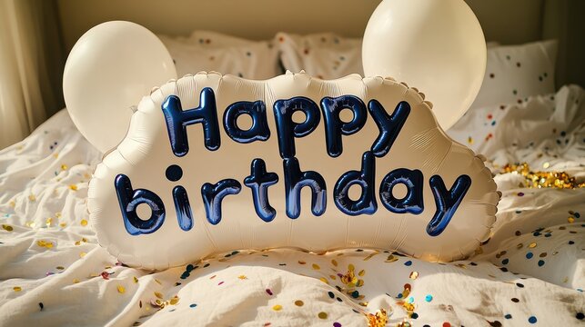 A photo of large white balloon letters spelling Happy birthday