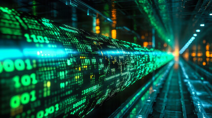 Poster - dynamic digital pipeline surrounded by flowing green matrix binary code in futuristic setting