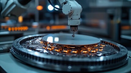 Aufkleber - Robotic arm precisely handles silicon wafer in semiconductor factory. Automated process for wafer transfer moves items across tool table. Fast, precise movements. Manufacturing process ongoing in