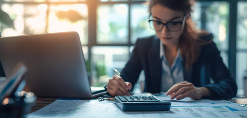 Poster - Business Professionals Analyzing Financial Data with Calculator and Laptop in Office