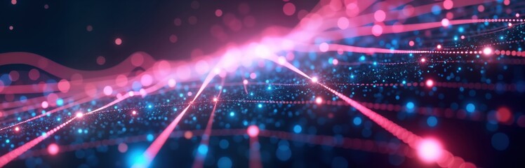 Poster - Abstract network design with glowing neon lines, particles. Futuristic tech background. Vibrant colors create dynamic virtual reality scene. Abstract geometric pattern suggesting data flow,