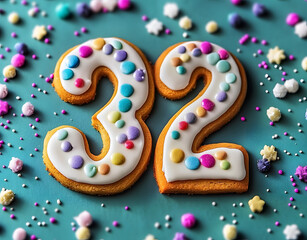 Wall Mural - Decorated cookie, number 32, image for birthday or anniversary celebration