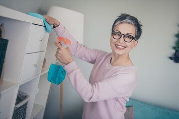 Wall Mural - Photo of positive good mood woman dressed pink sweatshirt enjoying clean up indoors house apartment room