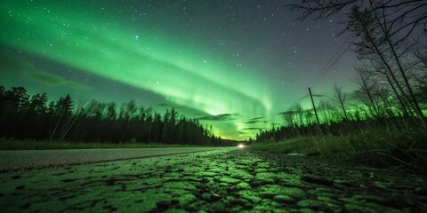Aurora Borealis Over a Country Road - A Breathtaking Night Sky


