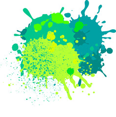 Poster - Vibrant green and turquoise paint splattering on white background, creating modern abstract design with various shades and textures