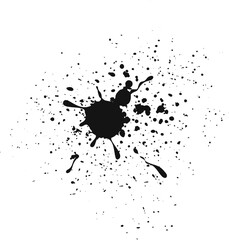 Poster - Black ink splattering on a white background creating an abstract shape, perfect for grunge designs, artistic backgrounds, or creative projects