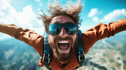 A man with a beard and sunglasses skydiving, his arms wide open and a huge smile on his face, captures the thrill and excitement of this adventurous aerial sport.