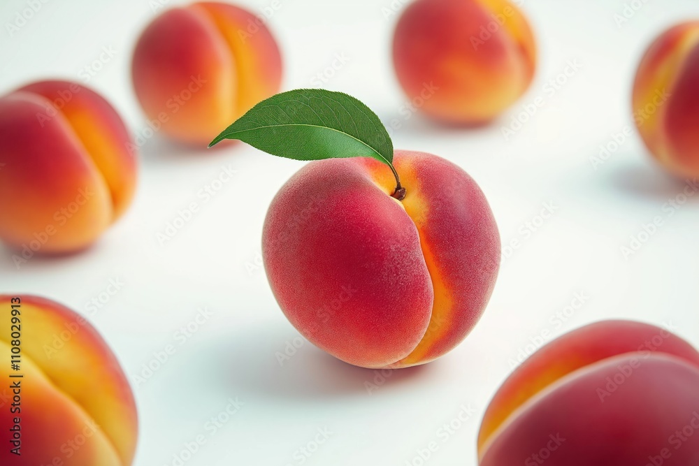Fresh peaches arranged on white background. Juicy fruits with vibrant