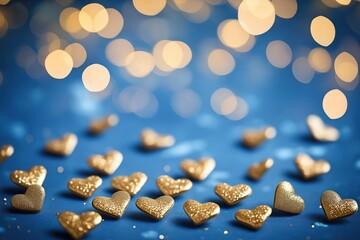 Aufkleber - Golden hearts scattered on dark blue background with bokeh lights. Romantic, festive ambiance. Perfect for love celebration themes. Image suitable for Valentine Day, anniversary, holiday. Attractive