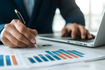 Business professional analysing financial data on a laptop and printed charts, showcasing focus, strategy, and decision-making in a modern corporate environment