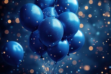 Poster - Bunch of dark blue shiny balloons with sparkles, confetti. Festive ambiance with soft warm lights. Perfect for birthday party social media holiday cover. Event celebration concept. Ideal for holidays