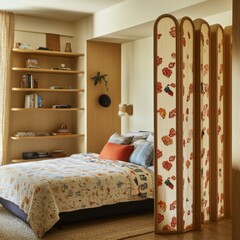 Aufkleber - Interior of bedroom with bed, shelving unit and folding screen