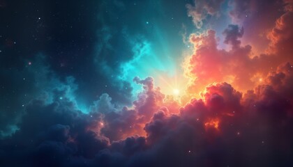 Poster - Colorful nebula in space. Glowing vibrant colors mix with dark space. Bright stars shine through colorful clouds. Supernova explodes in beautiful pattern. Futuristic, abstract natural phenomenon in