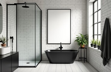 Poster - Modern minimalist bathroom interior with blank horizontal poster frame. Black bathtub, white brick walls. Glass shower enclosure. Plants, towel in corner. Roomy, clean. Empty space for artwork photo.