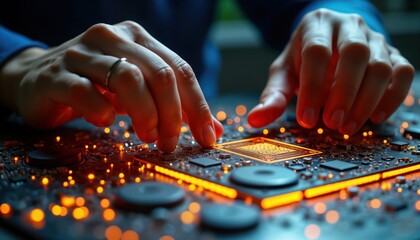 Poster - Close-up view of hands working on futuristic circuit board. Hands precisely position components on glowing circuit board. Advanced tech elements glowing orange. Engineer tech specialist focused on