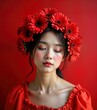 © miss irine - Young woman with red flower wreath in hair poses against vibrant red backdrop. Elegant, stylish beauty portrait. Feminine, romantic fashion photo. Woman appears serene, beautiful with captivating