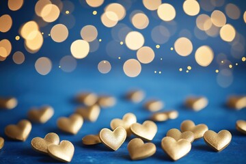 Poster - Gold hearts scattered on deep blue background with bokeh lights. Festive, romantic ambiance. Lovely decorative objects for special occasion. Perfect photo for Valentine Day greeting cards romantic