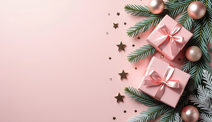 Poster - Photo of present boxes on snowy fir branches with stylish baubles, star ornaments, and confetti on a light pink background, blank space included._00001_