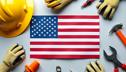 Aufkleber - A captivating image of an American flag surrounded by a construction helmet, work gloves, and tools on a light grey background._00001_