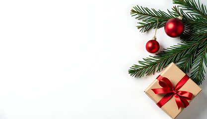 Poster - A photograph of pine branches, red Christmas ornaments, and a gift box sits on an isolated white background with copyspace._00001_