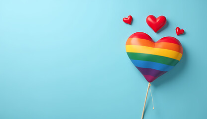 Poster - A rainbow flag and hearts on a light blue background with empty space, symbolizing diversity and inclusivity through a creative visual display._00001_