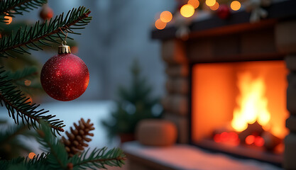 Wall Mural - A sparkling Christmas ornament sits atop a pine tree branch laden with pinecones near a warm, glowing fireplace on a chilly winter evening._00001_