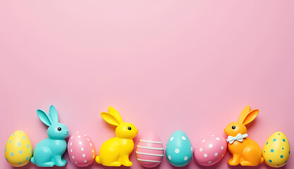 Aufkleber - A top view photo shows colorful Easter decorations including bunnies and eggs against a soft pink background with plenty of empty space._00001_