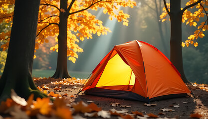 Wall Mural - A vibrant orange camping tent sits amidst an autumn forest, where sunlight filters through the trees and colorful leaves surround it._00001_