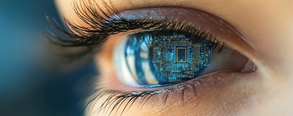Aufkleber - Close-up view of woman eye with blue iris. Circuit board design superimposed on eye. Blured background suggests tech concept. Wide angle lens used for photo montage. Light blue, brown color palette.
