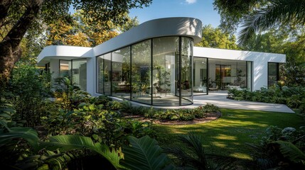 Aufkleber - Serene modern white house with glass windows an urban oasis surrounded by lush nature and contemporary design