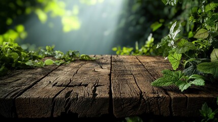 Poster - Rustic wooden table surrounded by lush greenery nature close-up tranquil setting peaceful ambience