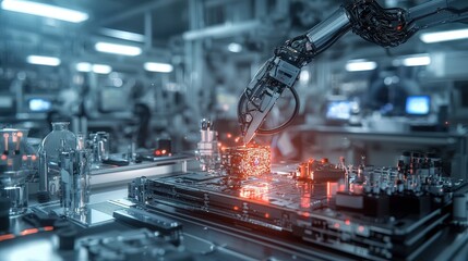 Aufkleber - Robotic arm assembling technology in high-tech factory industrial environment close-up view automation concept