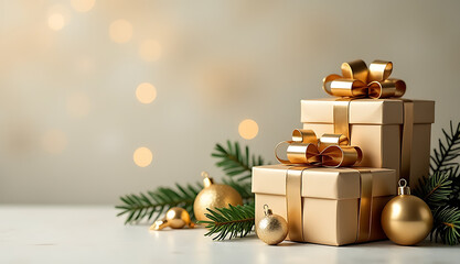 Wall Mural - gold bows and sparkling ornaments adorn luxurious christmas gifts on a serene background, creating a