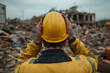 © A2Z AI  - Construction worker in a yellow helmet with a worried expression, reflecting concern or focus on a challenging task, capturing the intensity and responsibility in the construction field