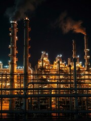 Wall Mural - Nighttime view of a petrochemical plant with orange flames.