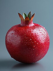 Wall Mural - A vibrant red pomegranate with water droplets on its surface, showcasing freshness.