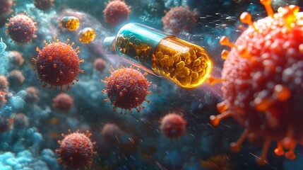 Poster - Intricate depiction of capsules interacting with viruses in a detailed scientific visualization