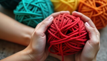 Aufkleber - Person holds ball of bright red yarn. Hands gently cradle yarn. Colorful yarn balls in background. Craft activity, hobby, creative process seen. Focus on texture, material. Closeup view of hands,