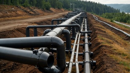 Wall Mural - Oil pipelines with bridges and valves.