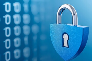 Poster - The concept of cybersecurity and data privacy protection, featuring a lock and a background of binary digits.